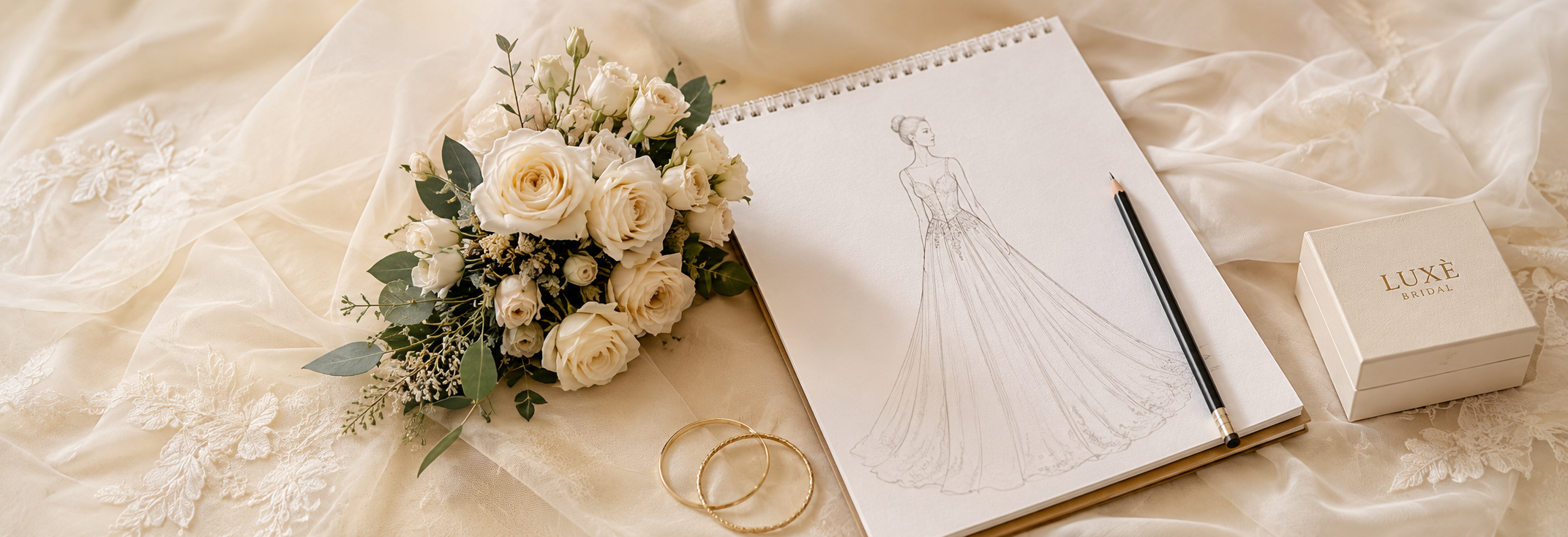 Bridal gown sketch and flowers